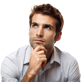 Serious man with a contemplative expression, hand on chin, thinking and reflecting on important decisions png