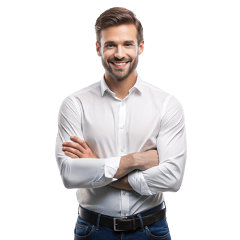Smiling man standing with arms crossed, looking confident and accomplished, symbolizing pride and success png