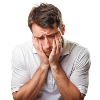Sad man resting his head on his hand, showing deep regret and emotional distress in a close up portrait png