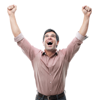 Excited man with arms raised in triumph, expressing joy and success in a moment of victory png