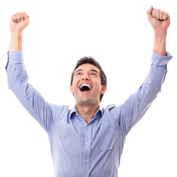 Happy young man raising his arms in victory, celebrating a great achievement with a big smile on his face png