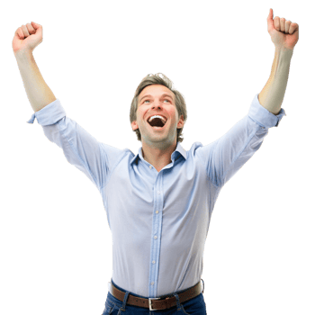 Cheerful man celebrating success, raising his arms and smiling joyfully, symbolizing accomplishment png