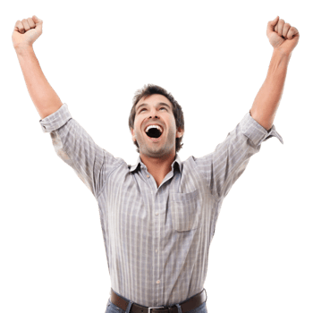Young man with an ecstatic expression, lifting his arms in celebration and feeling proud of his achievement png