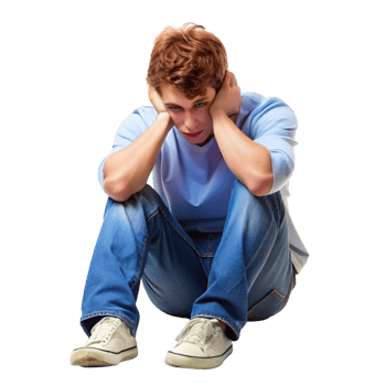 Isolated and pensive young man sitting on the ground, reflecting on personal struggles and feelings of sadness and hopelessness png