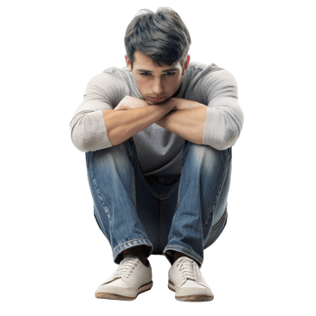 Depressed man crouched down, looking lost in thought with his arms crossed over his knees, expressing sadness and loneliness png