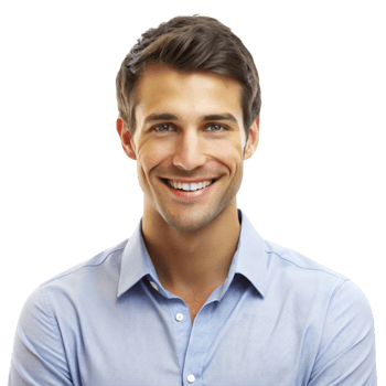 Happy and satisfied young man in a professional shirt, giving a warm smile, representing confidence and well being png