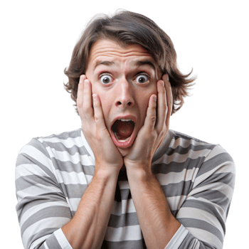 Frightened young man with wide eyes and mouth open, holding his face in shock and fear, displaying an exaggerated scared expression png