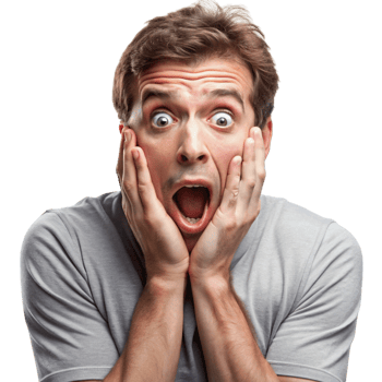 Young man with an alarmed expression, hands gripping his face, showing extreme fear and shock in a close up portrait png