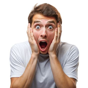 Fearful man with wide open eyes and mouth, expressing terror and surprise, holding his face in disbelief and panic png