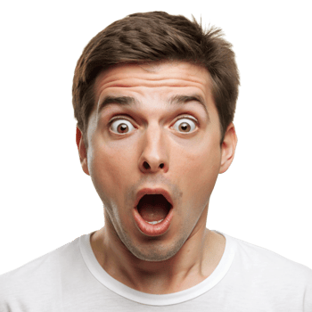 Young man reacting to an unexpected event, showing a shocked and wide eyed facial expression in a close up image png