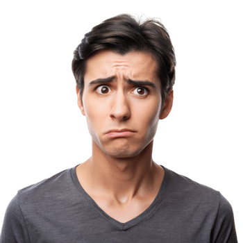Young man with a confused, skeptical expression, eyebrows raised and lips pursed, showing doubt and uncertainty png