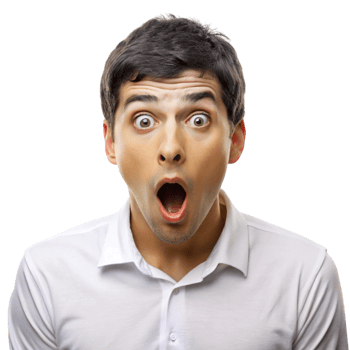 Young man in a state of shock, his eyes wide open, with an exaggerated surprised expression, isolated on a black background png