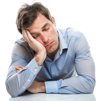 Exhausted young man resting his head on his hand, looking visibly tired and drained while seated at a table png