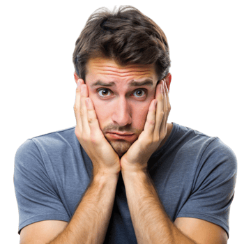 Worried young man holding his face with both hands, showing frustration and anxiety on a plain Transparent Background png