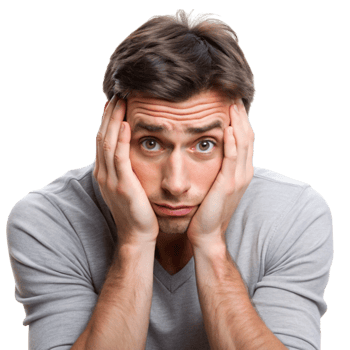 Frustrated man with hands on his face, expressing concern, stress, and worry against a white studio backdrop png