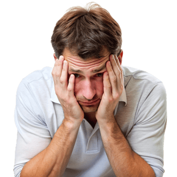 Close up of a stressed young man holding his face, showing fear and concern, isolated on a Transparent Background png