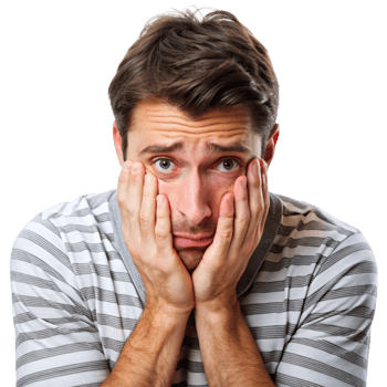 Portrait of a distressed young man with his hands on his cheeks, displaying worry, anxiety, and doubt on Transparent Background png