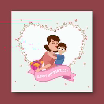 Happy Mother's Day Card with Cartoon Mother Love His Son Kiss and Holding Gift Against Floral Heart Shape Backgground Illustration. vector