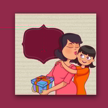 Happy Mother's Day Celebration with Cartoon Loving Mother Kissing Her Daughter and Holding a Gift Illustration. vector