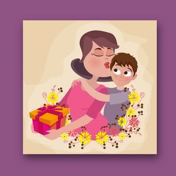 Happy Mothers Day Card with Cartoon Mother Love His Son Kiss and Holding Gift Illustrationtion. vector