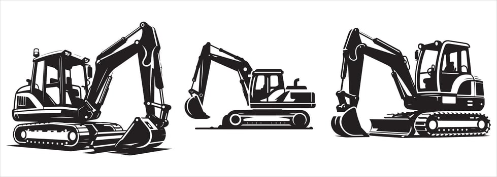 Heavy Construction Excavator Silhouette Set with Hydraulic Arm and Crawler Tracks for Industrial Earthmoving and Building Work Design vector