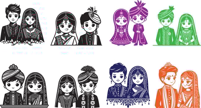 Collection of Traditional Indian Wedding Couple Illustrations Depicting Diverse Artistic Styles vector