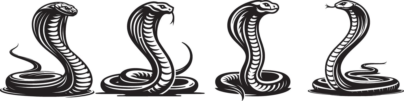 Snakes in different poses, black and white vector