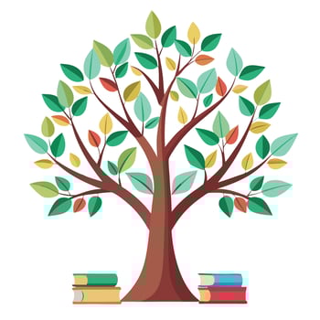 Educational tree artwork showcasing creatively designed leaves resembling tiny books representing learning and literature vector