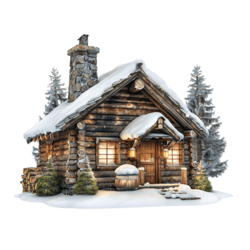 A beautiful wooden chalet glowing warmly in the snow, isolated on transparent background png