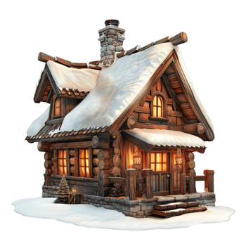 A picturesque wooden chalet glowing warmly in the snow, isolated on transparent background png