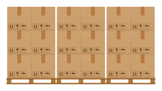 crate boxes on wooded pallet, wood pallet with cardboard box in factory warehouse storage, flat style warehouse cardboard parcel boxes stack, packaging cargo, 3d boxes brown isolated on a white vector