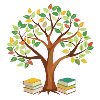 Artistic depiction of a tree with open books drifting around its branches vector