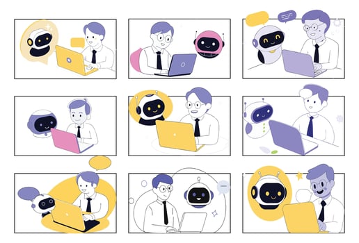 AI technology set. Characters using artificial intelligence generative tools for business tasks, content creation, marketing, automation. vector