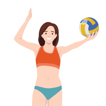 Happy woman prepares to serve a volleyball, showcasing excitement and energy in a beach sports. vector