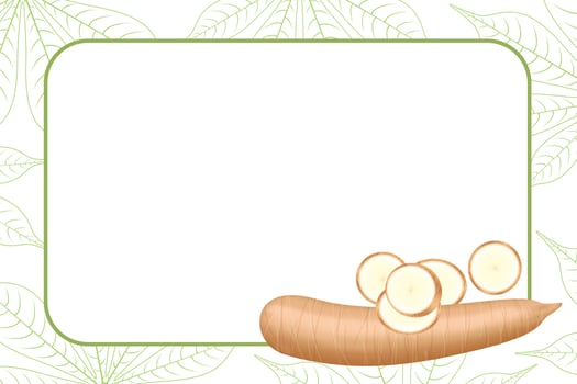 banner frame of a cassava nature, copy space, cassava cut slice for tapioca flour industry or ethanol, pile yucca cassava tuber on frame, raw manioc cassava on a template banner empty vector