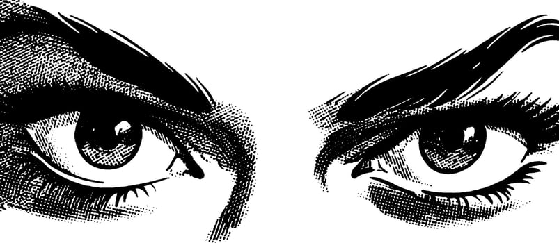 Vintage 1950s woodcut style black and white illustration of human eyes. vector