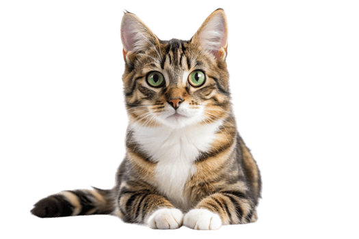 Adorable domestic cat with striking green eyes calmly sitting on a clean Transparent Background png