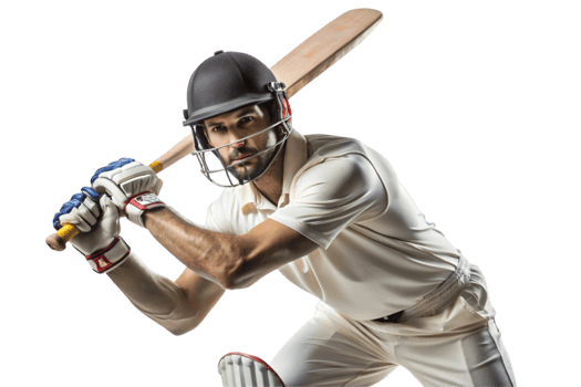 Confident cricket athlete holding bat and wearing helmet, prepared for action in isolated white setting png