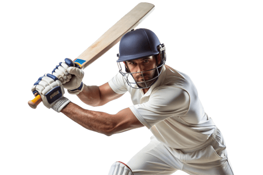 Determined cricket player in full gear ready to bat, showing intense focus and athletic stance on Transparent Background png