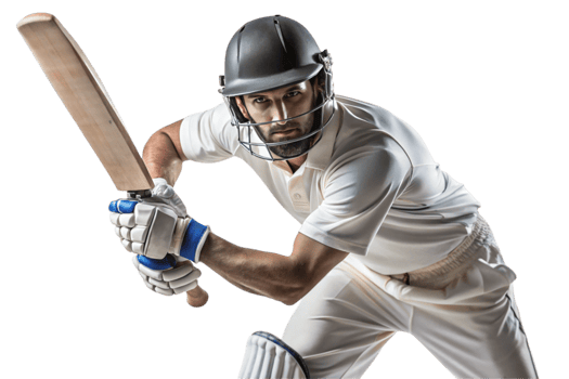 Focused male cricketer in full protective gear with bat, captured mid pose on a clean, minimalist Transparent Background png