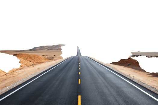 Long desert highway stretching to the horizon with clear blue sky and scattered clouds, symbolizing freedom and journey png