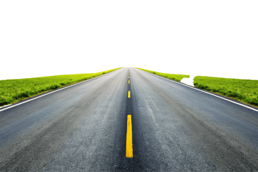 Endless straight asphalt road vanishing into bright horizon with green fields on both sides and clear white sky png