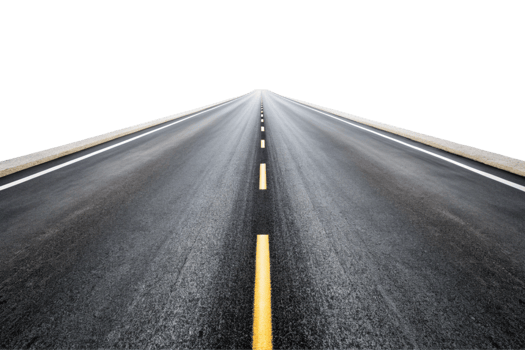 Endless straight road on a sunny day, fading into the distance, bordered by green fields and a clean white sky png