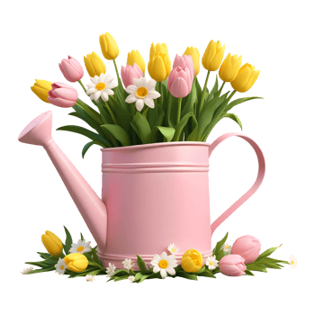 3d rendering yellow watering can with yellow and pink tulips and daisies png