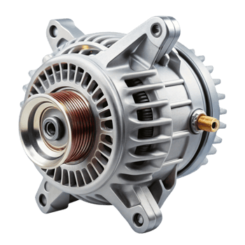 High performance car alternator showcased on a white surface, suitable for vehicle parts catalog or engineering visuals png