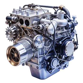 Front perspective of a complex automotive engine system showcasing various mechanical elements against a plain background png