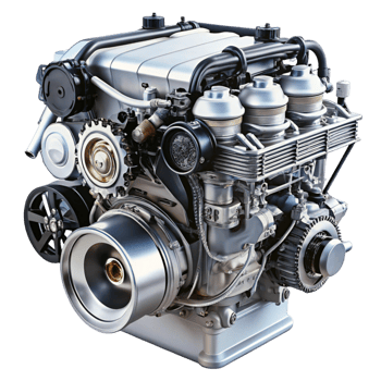 Detailed automotive engine with shiny metallic parts, belts, and components in a studio setting on a Transparent Background png