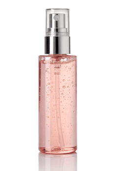 Cosmetic spray bottle with clear light pink liquid and bubbles isolated on the transparent background png