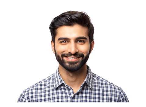 cheerful young man with a beard and a friendly smile, wearing a checked shirt, set against a neutral Transparent Background png