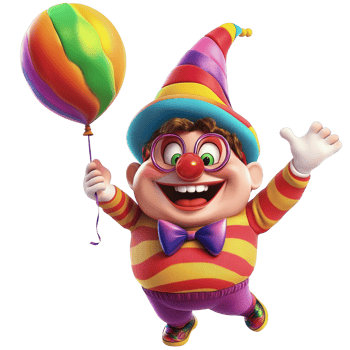 A joyful Toon Town resident smiling widely, wearing a colorful hat and holding a balloon, isolated on transparent Background png